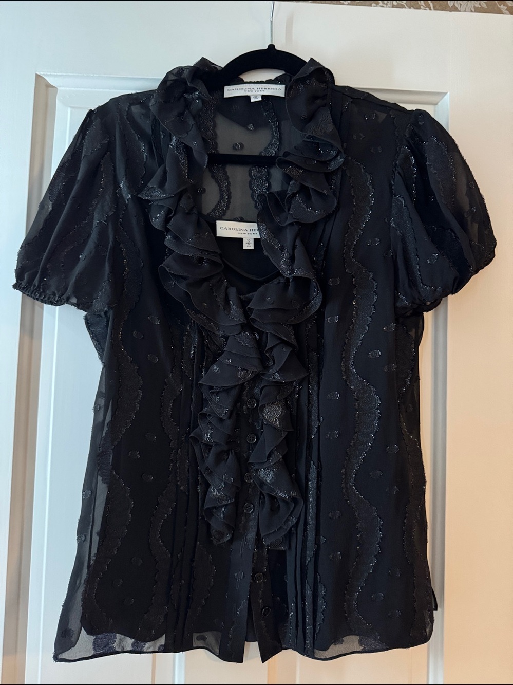 Carolina Herrera Vintage Black Sheer Ruffled Front Blouse with Camisole